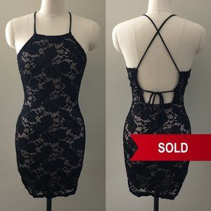 🍉 Black/Nude Lace Halter Bodycon Strap Sexy Dress